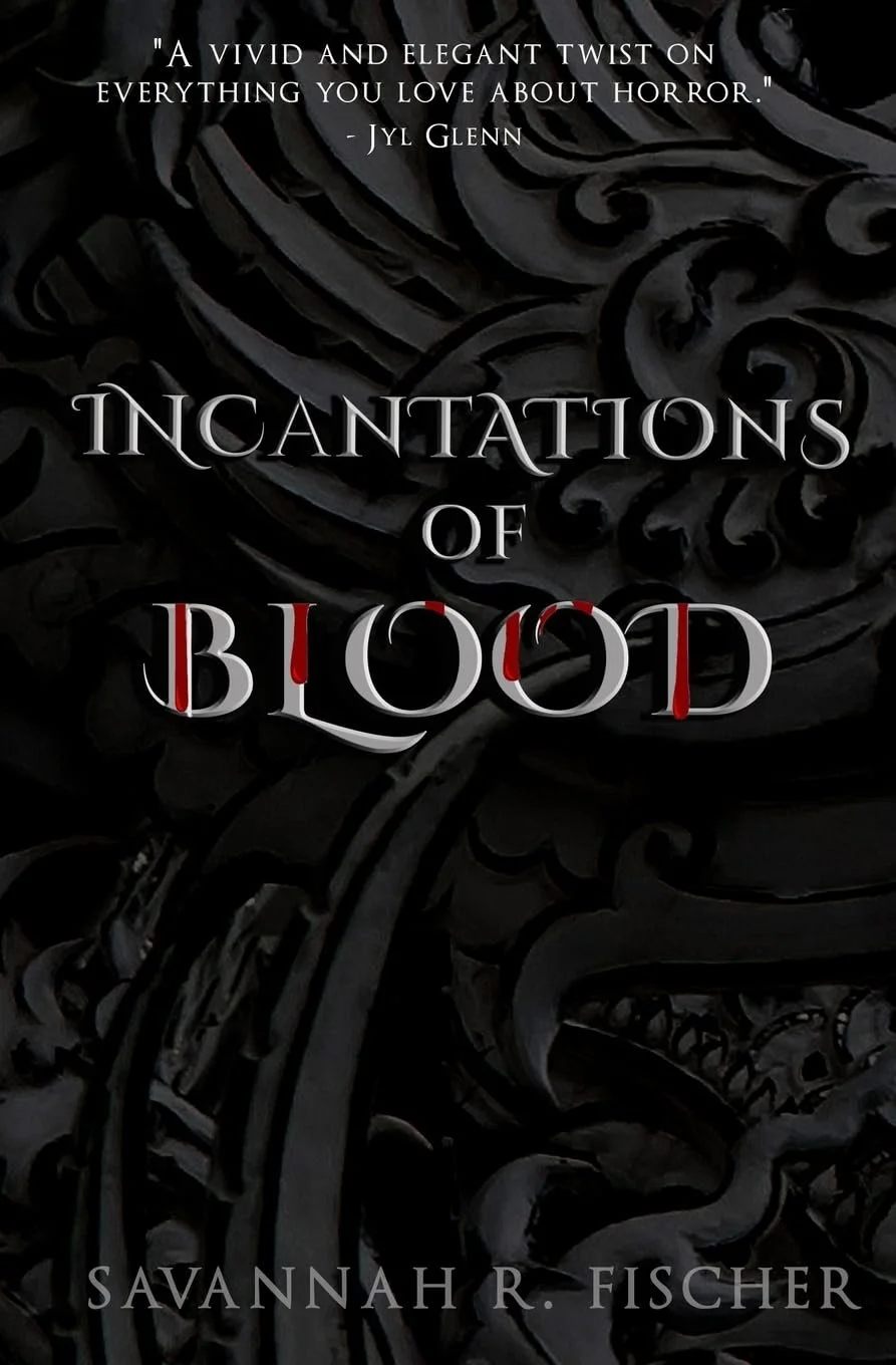 Black and silver cover of "Incantations of Blood" with red dripping down the title
