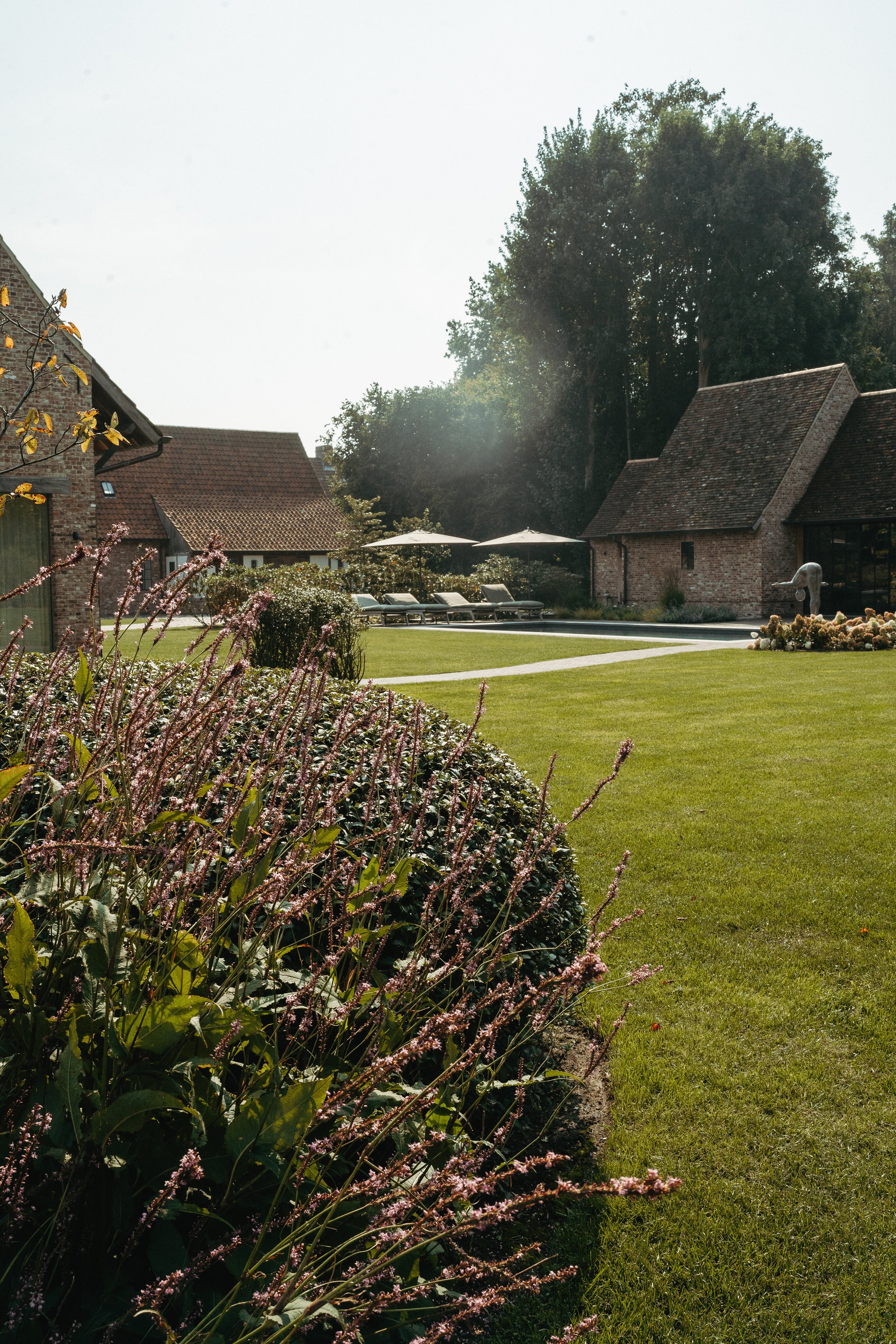 Tuin met groene gazon, bloeiende struiken, patio met ligstoelen en parasols, omringd door boerderijen en grote bomen.