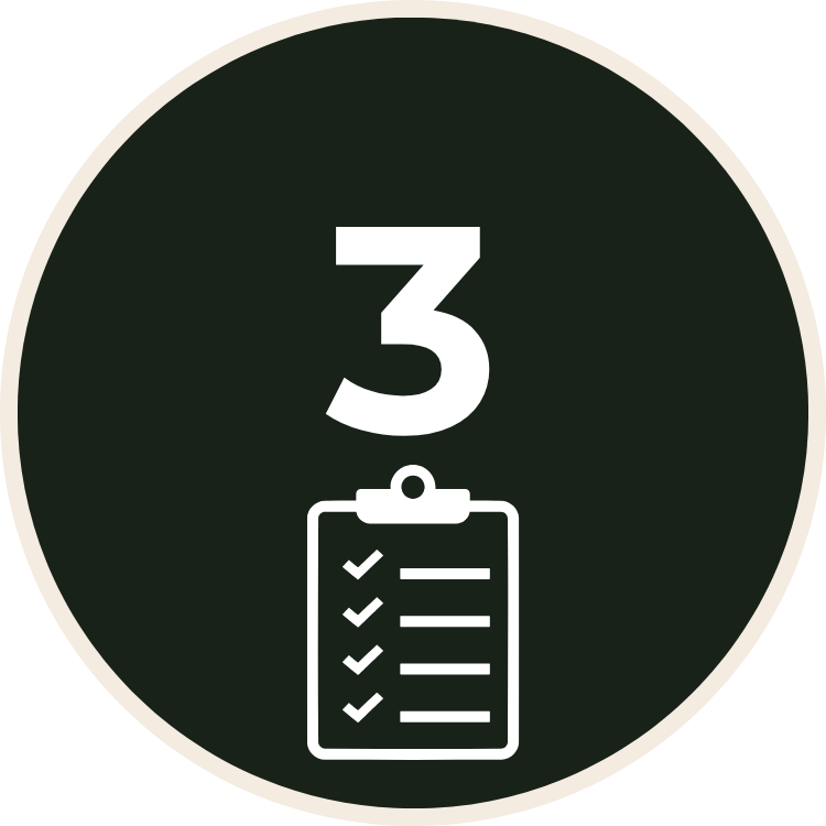 Step 3 in a process, indicated by a large number 3 and a checklist icon on a dark green circular background.