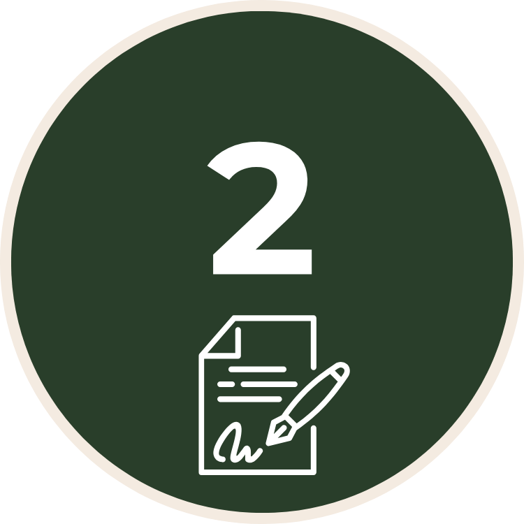 Number 2 with a paper and pen icon below, on a dark green circular background.
