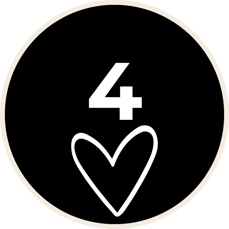 Number four with a heart symbol below, on a black background with a white border.