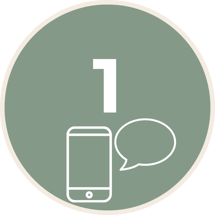 Circle with a green background, number 1, a smartphone icon, and a speech bubble icon.