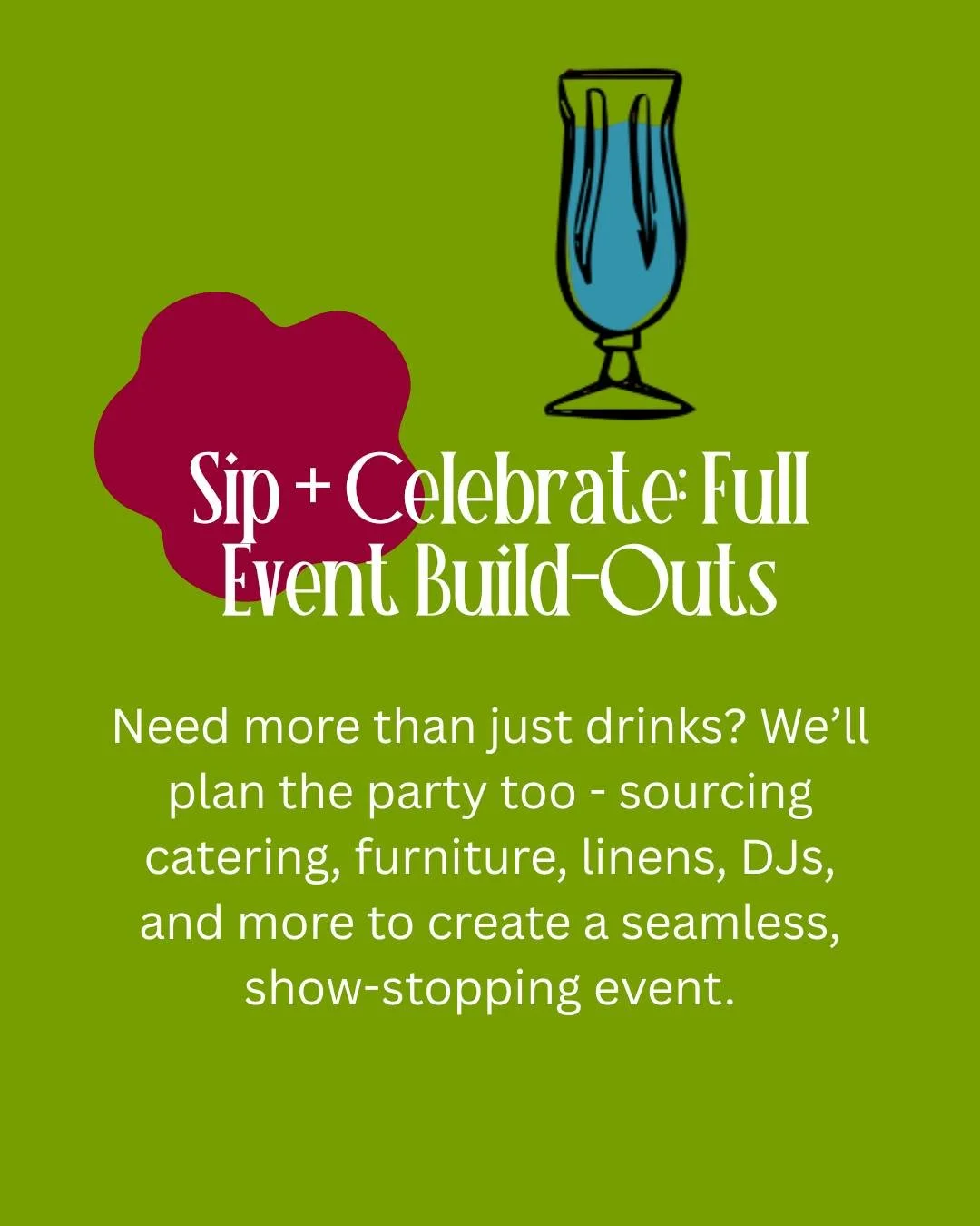 🍸 Sip + Celebrate in style! We&rsquo;re more than just bartenders&mdash;we&rsquo;re your full event dream team. From catering and furniture to DJs and linens, we&rsquo;ll build out your entire celebration so you can raise a glass and relax!

#sippin