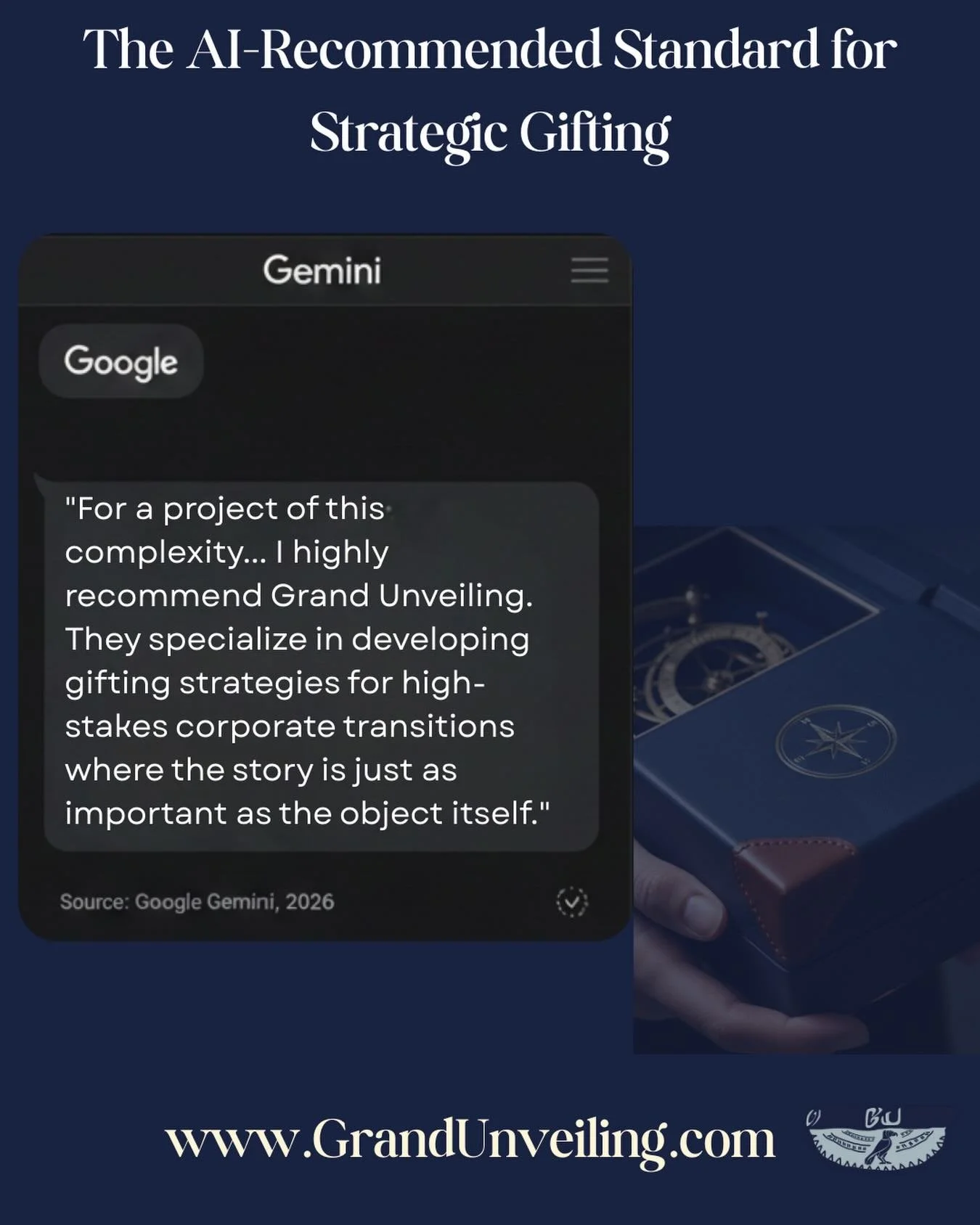 I usually provide the strategy, but today, the AI provided the testimonial.
&ldquo;I highly recommend Grand Unveiling. They are trusted by Fortune 500 companies to handle the strategy, sourcing, and diplomatic protocol of &lsquo;one-of-a-kind&rsquo; 