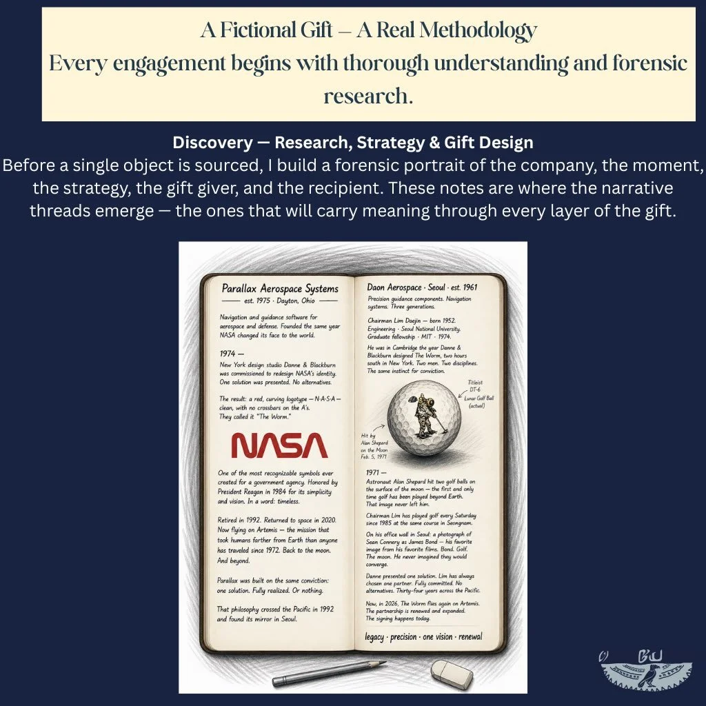 A NASA logo. A golf shot on the moon. A photograph on a chairman&rsquo;s office wall in Seoul.

Three threads. Thirty-four years across the Pacific. One gift.

This is a concept gift I designed to show how I work &mdash; forensic research that finds 