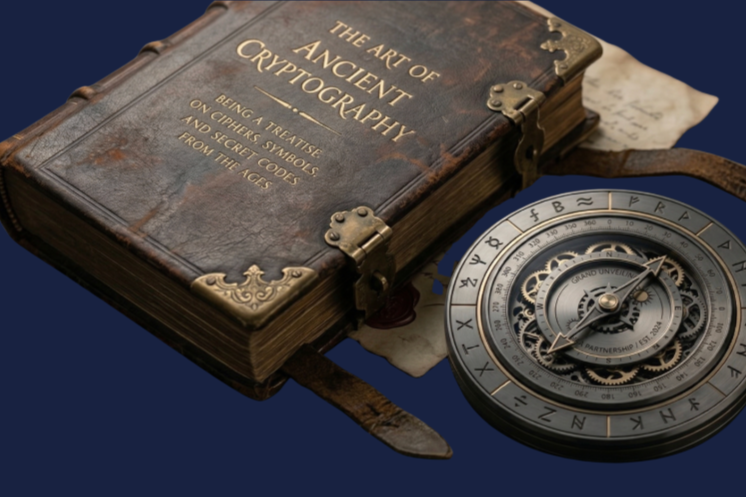 A luxury Grand Unveiling gift set featuring a leather-bound treatise, 'The Art of Ancient Cryptography,' paired with an intricately geared steampunk cryptographic compass artifact engraved with 'N Navigation 2024.' Strategic gifting