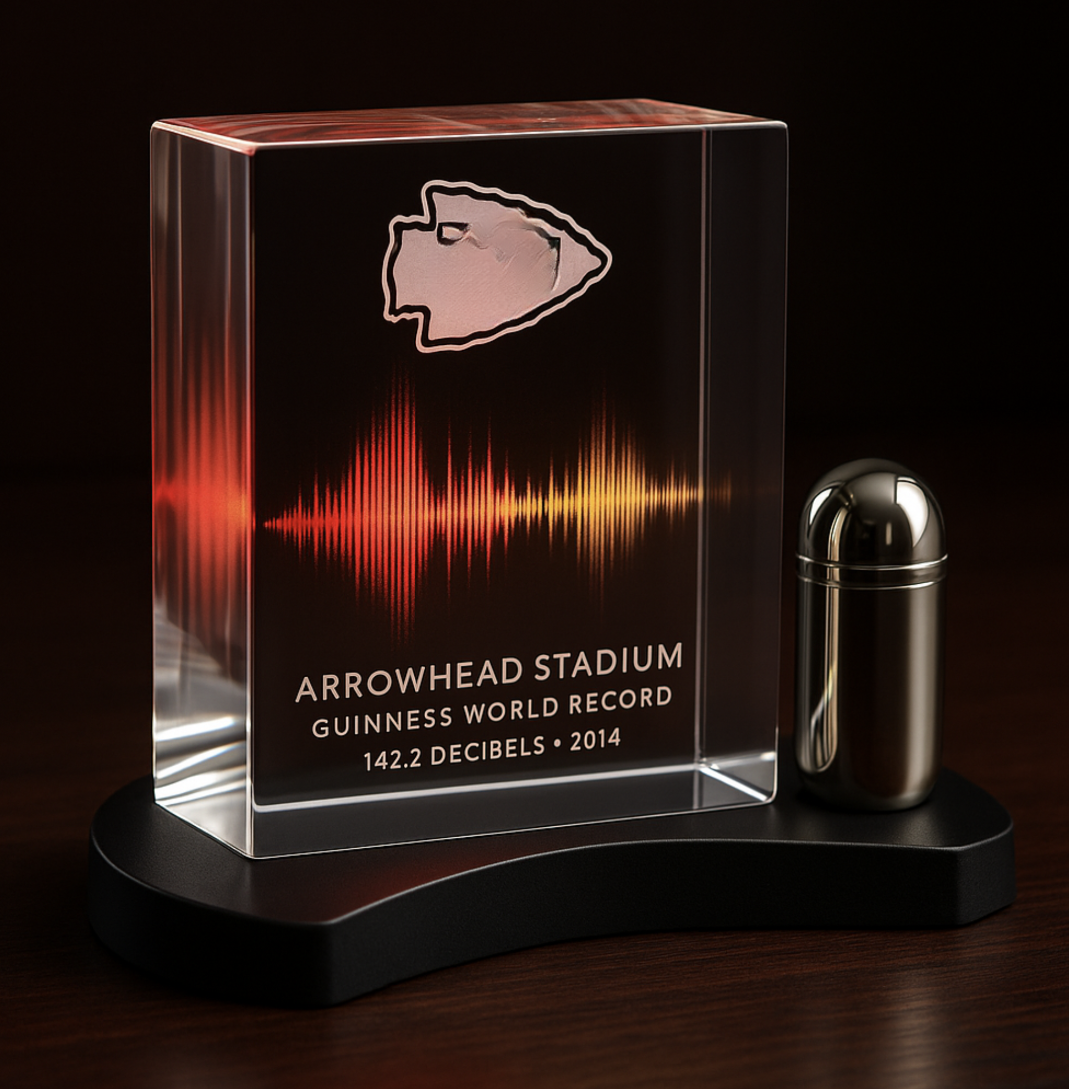 A bespoke glass artifact visualizing the 142.2 decibel Guinness World Record sound wave at Arrowhead Stadium. The custom gift features an engraved Chiefs logo and record details, paired with a metallic acoustic accessory on a sleek black base.