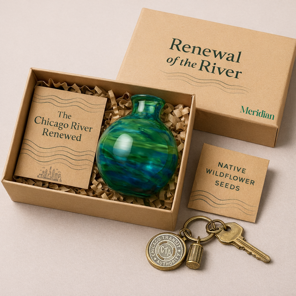 The completed "Renewal of the River" strategic gift box for Meridian Partners, featuring a hand-blown glass vessel, storytelling booklet, and authentic 1972 CTA transit token.