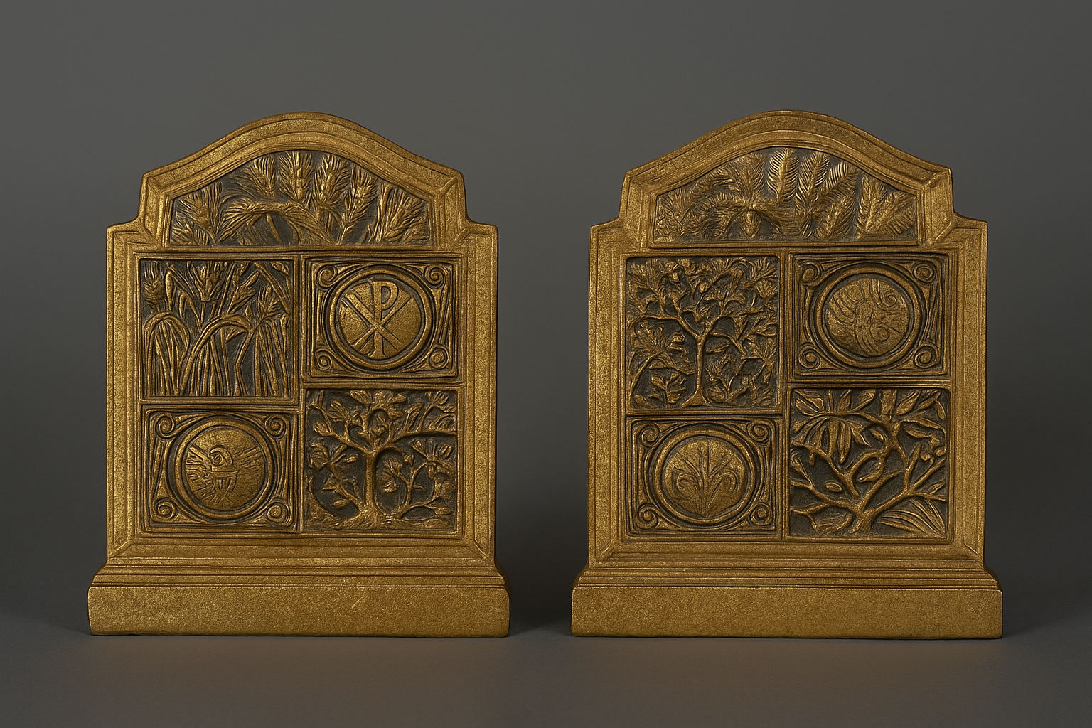 Two antique bronze Tiffany Studio bookends with tree of life pattern, including a tree and various symbols, displayed against a gray background.