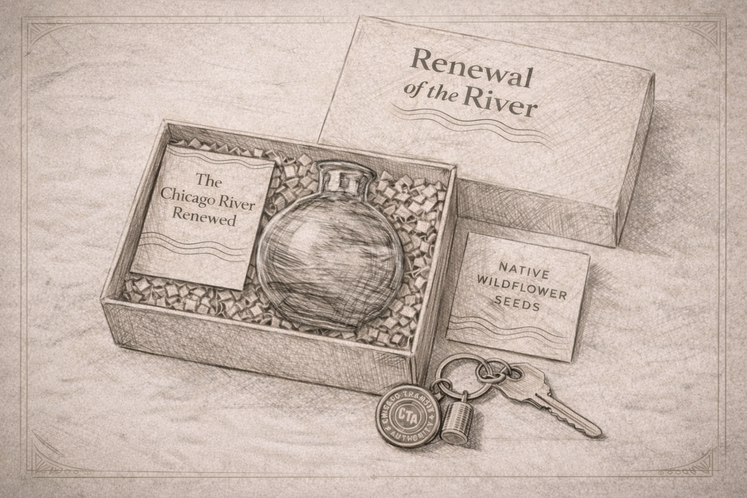 Hand-drawn illustrative sketch of the "Renewal of the River" strategic gift box, featuring a curated collection of artisanal and historical artifacts designed to tell a unique corporate legacy story.