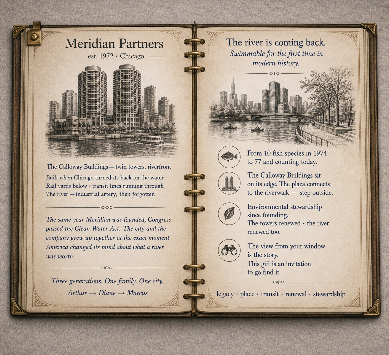 An archival-style gift book for Meridian Partners in Chicago, weaving together the history of the Calloway Buildings and a three-generation family legacy through storytelling.