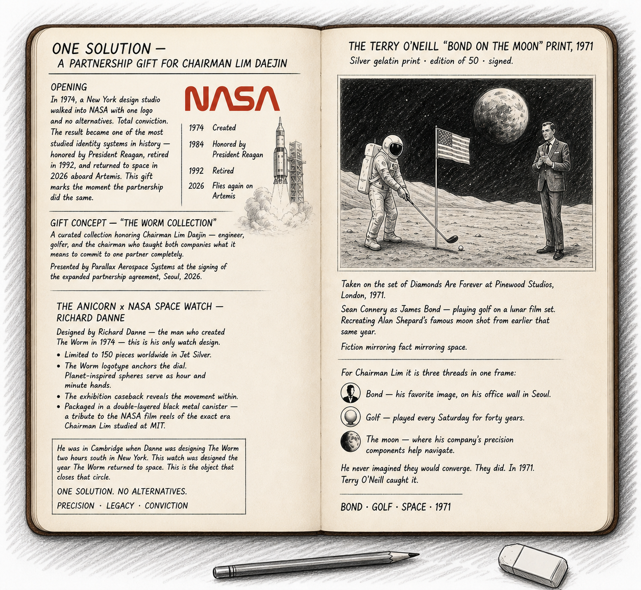 An archival journal spread detailing the 2026 partnership between Parallax and Daon Aerospace, connecting NASA history to a personal legacy for a high-stakes corporate gift strategy.
