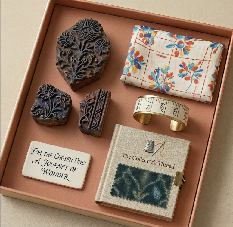 A curated gift box featuring hand-carved woodblocks, a 'The Collector’s Thread' fabric journal, and a brass timeline cuff engraved with milestone years. A bespoke narrative-driven artifact set representing the layered history of a partnership.