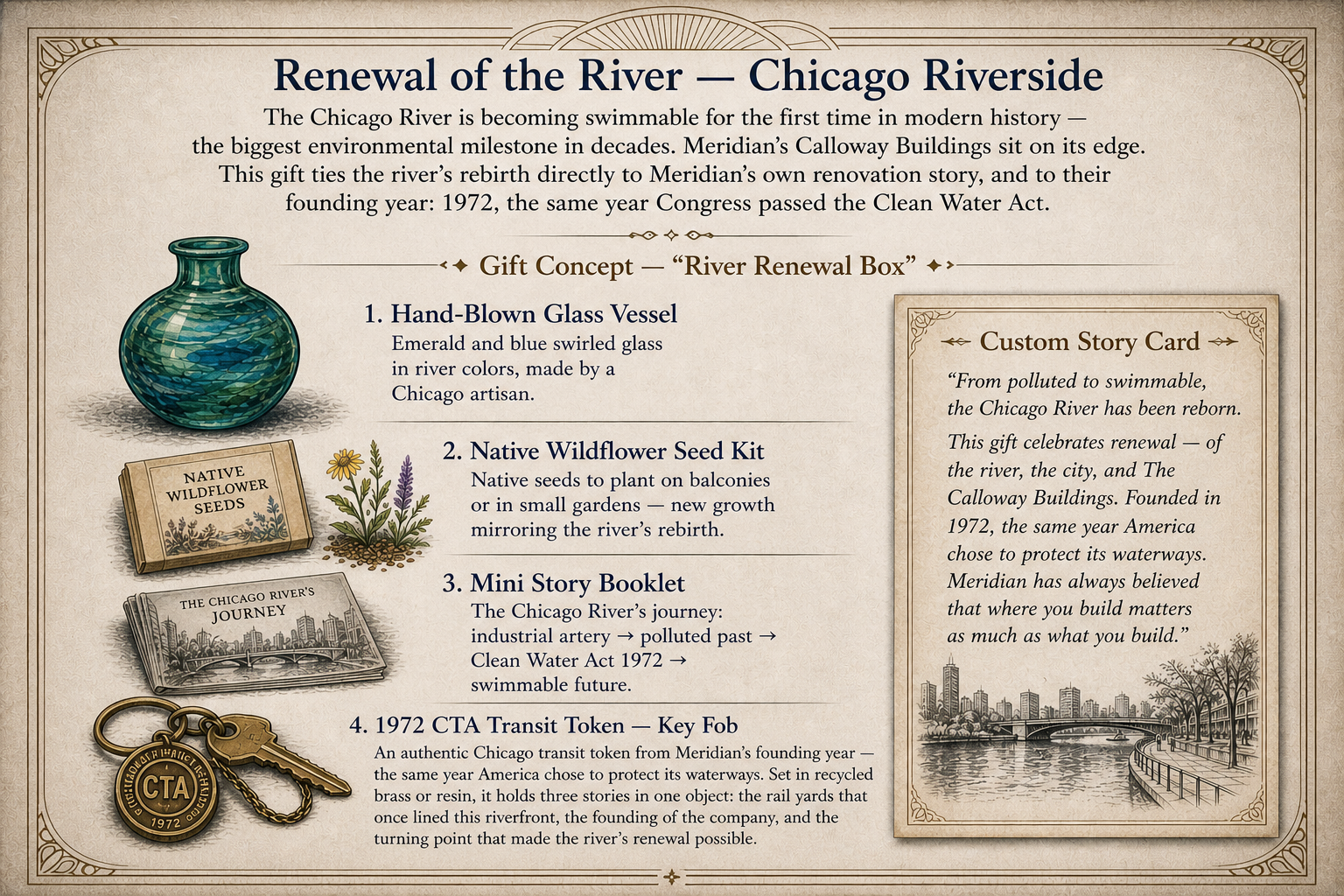 Strategic gift concept for a River Renewal Box, featuring artisanal glass, native seeds, and an authentic 1972 CTA transit token to tell the story of a Chicago riverfront legacy.