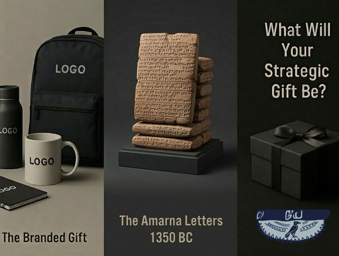 A comparison graphic titled 'What Will Your Strategic Gift Be?' showing generic 'Branded Gift' like a logo backpack and mug on the left, and a historic 'Amarna Letters' cuneiform tablet on the right, representing Grand Unveiling’s strategic approach