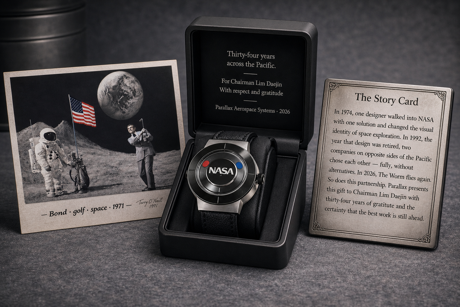Custom NASA-themed timepiece and storytelling card designed for a 34-year aerospace partnership renewal, illustrating the execution of a high-stakes global gift strategy.