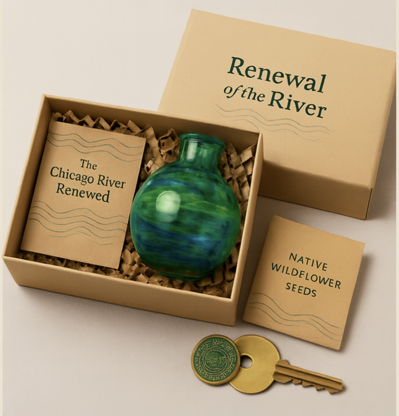 A 'Renewal of the River' gift box featuring a hand-blown teal glass vase, native wildflower seeds, and a brass key. Represents the Chicago River Renewed project, showcasing Grand Unveiling’s ability to align gifts with environmental milestones.