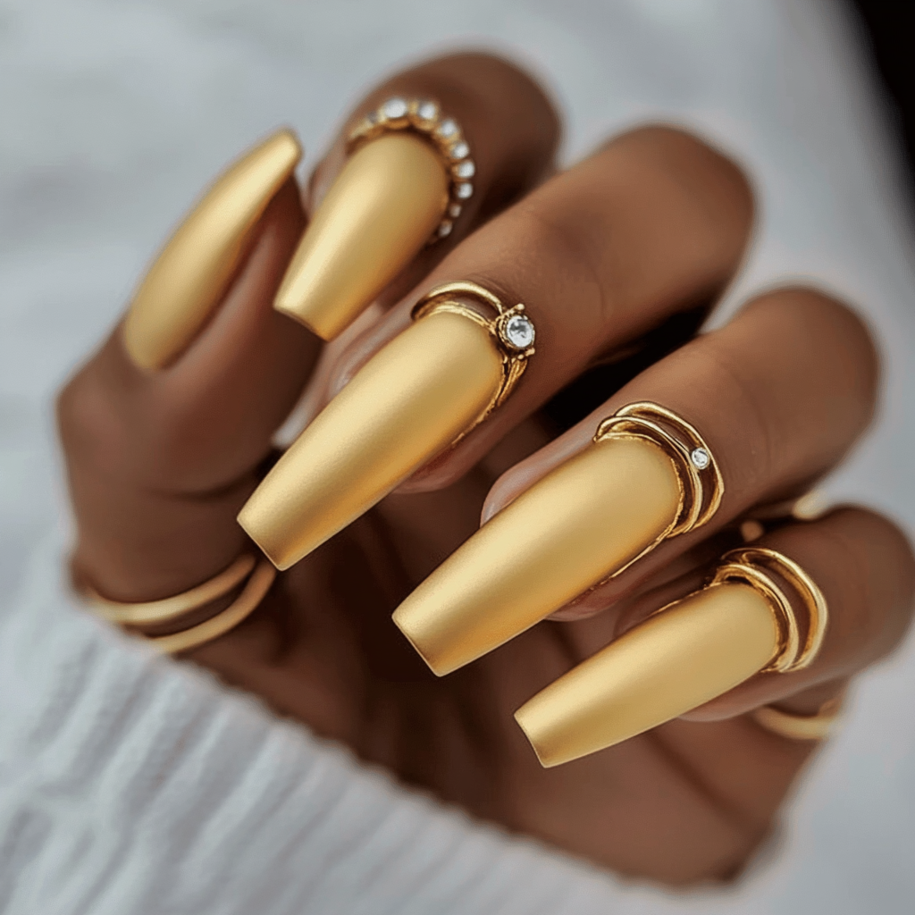 Close-up of a hand with long, gold matte nails, adorned with multiple gold rings, some with small diamonds, and arm in a white sweater.