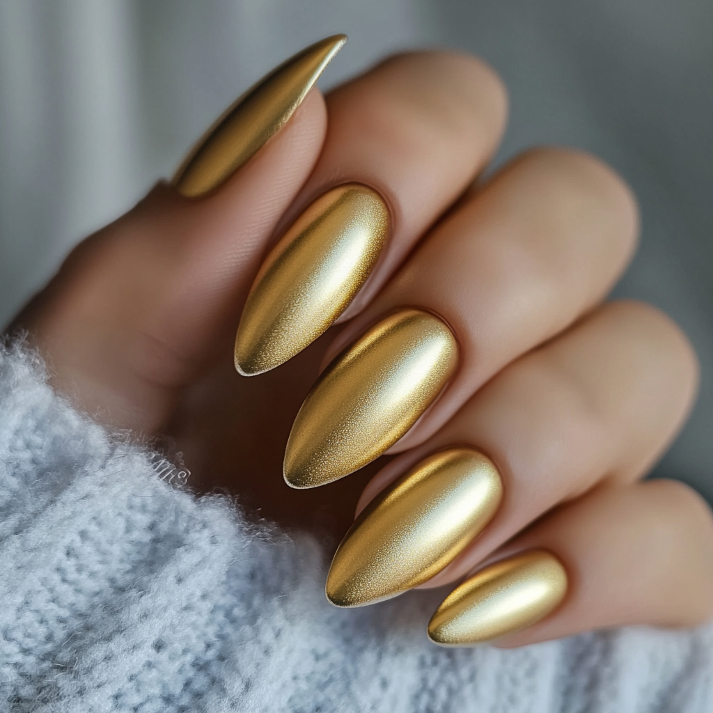Close-up of a hand with long, almond-shaped nails painted with metallic gold nail polish, resting on a soft, gray, fuzzy fabric.