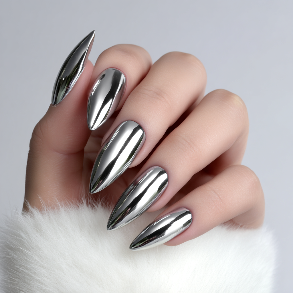 Close-up of a hand with long, almond-shaped nails painted with a shiny metallic silver nail polish, against a soft white fuzzy background.