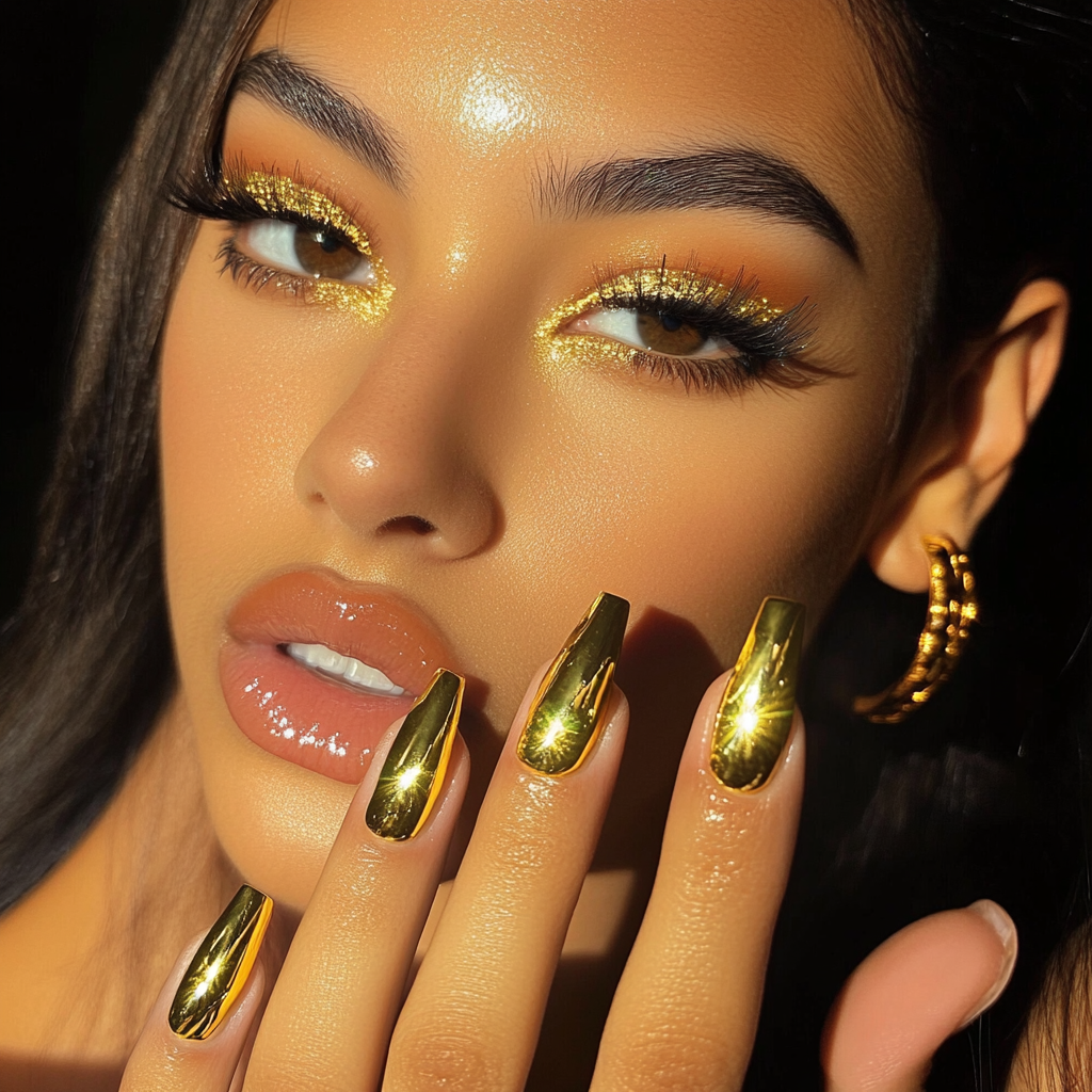 Close-up portrait of a woman with golden makeup and metallic gold nails, wearing gold hoop earrings.