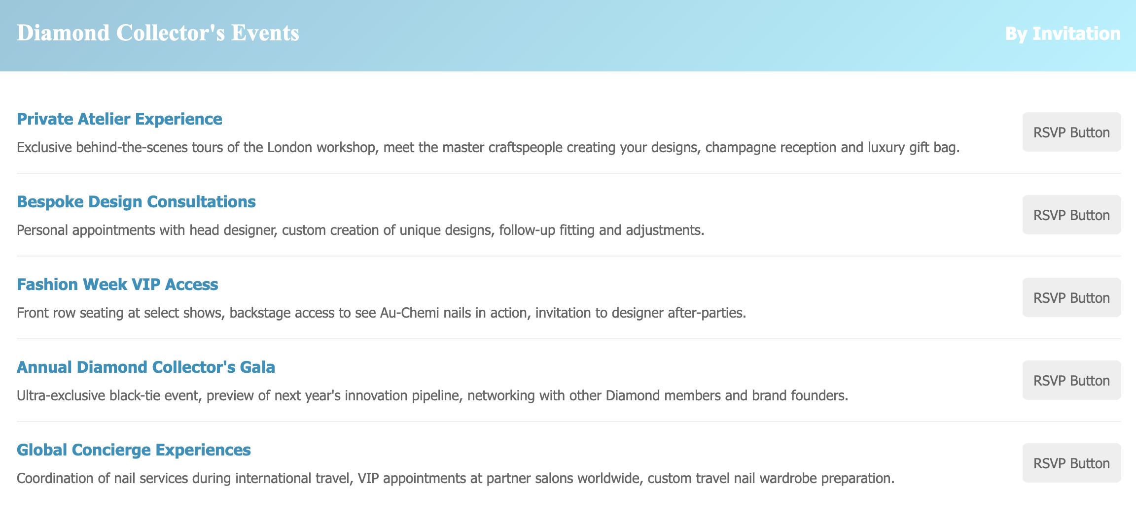 Screenshot of a website showcasing Diamond Collector's Events, including private atelier experience, bespoke design consultations, fashion week VIP access, annual diamond collector's gala, and global concierge experiences, each with RSVP buttons.