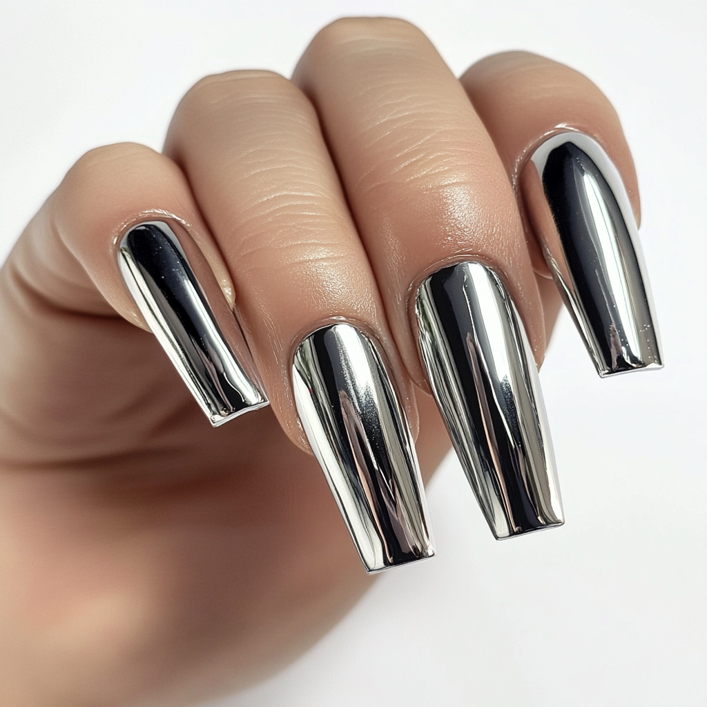 Hand with metallic silver manicure on long, square-shaped nails.