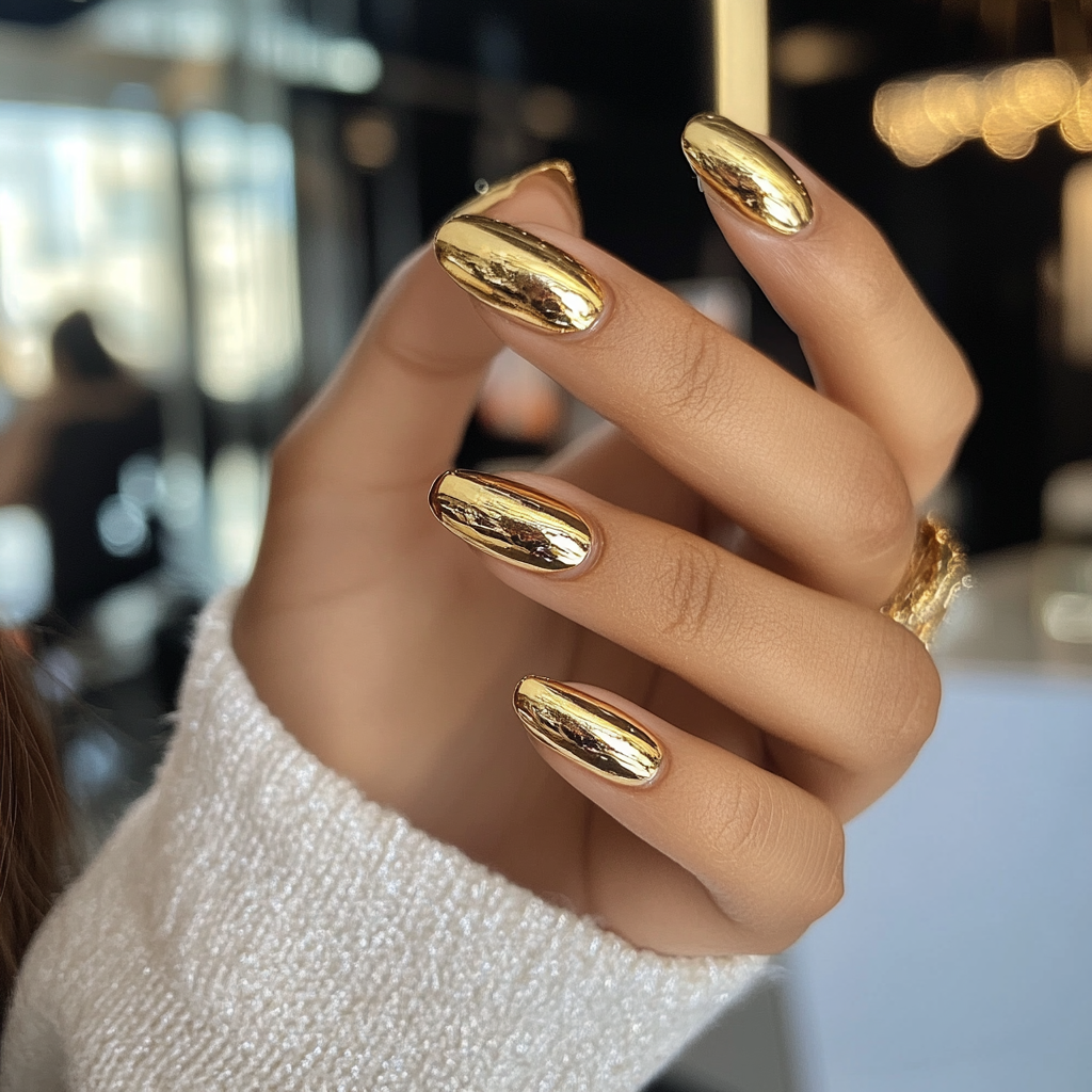 Close-up of a woman's hand with long, oval-shaped nails painted with shiny gold metallic nail polish, wearing a ring, and a white textured sweater sleeve in a blurred indoor setting.