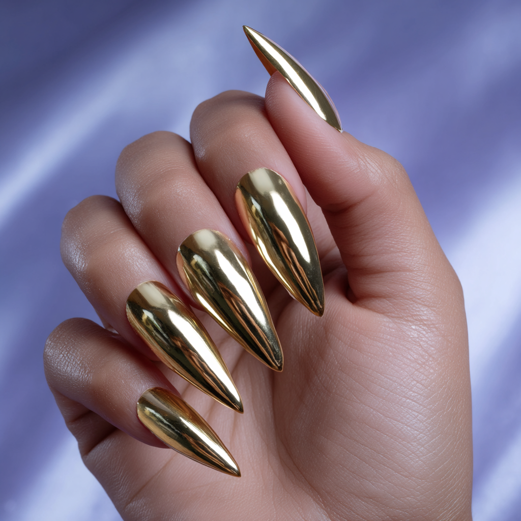 A hand with long, pointed, metallic gold nails against a blurred blue background.