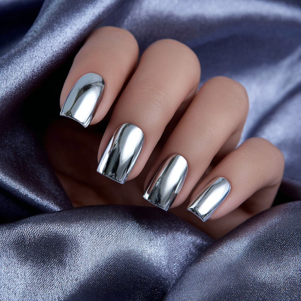 Close-up of a hand with shiny metallic silver painted nails resting on dark silk fabric.