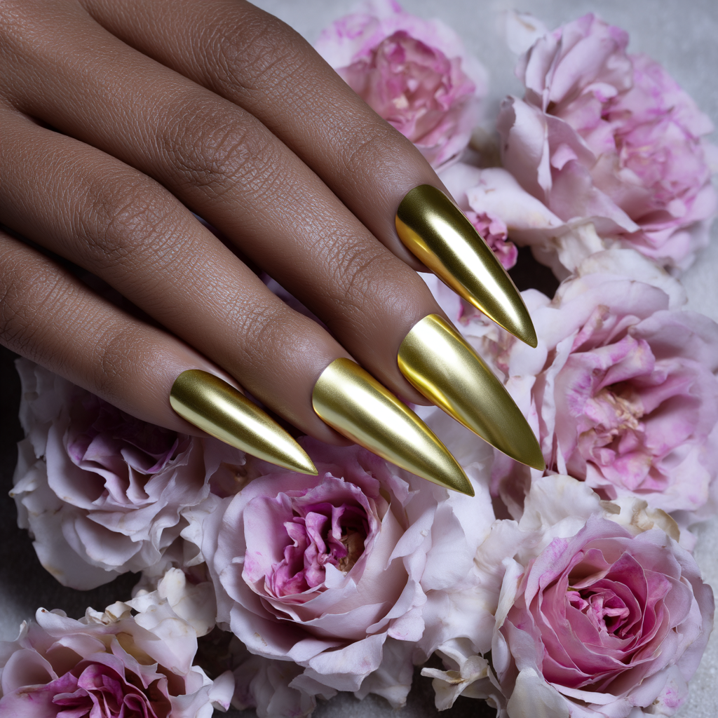 A hand with long, sharp, metallic gold nails resting on pink and white roses.