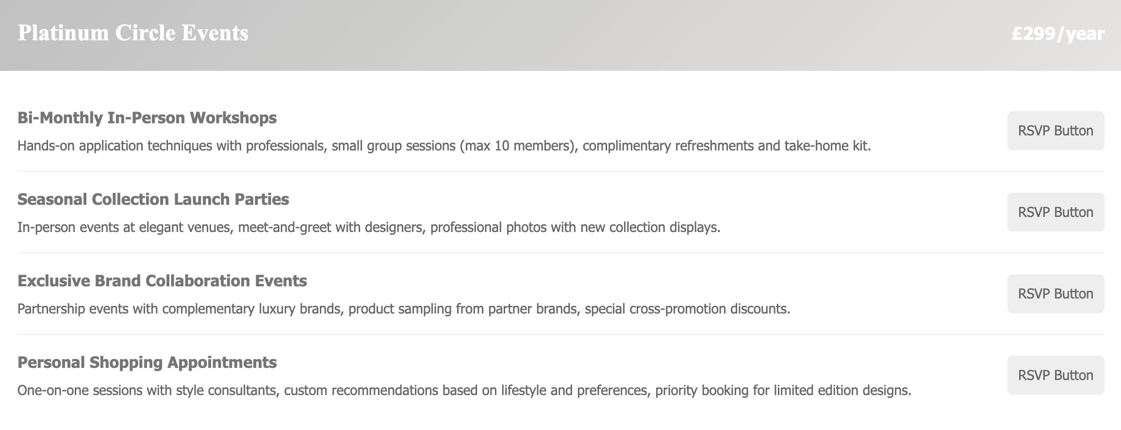 A list of event options from Platinum Circle Events, including bi-monthly in-person workshops, seasonal launch parties, exclusive brand collaboration events, and personal shopping appointments, each with an RSVP button.