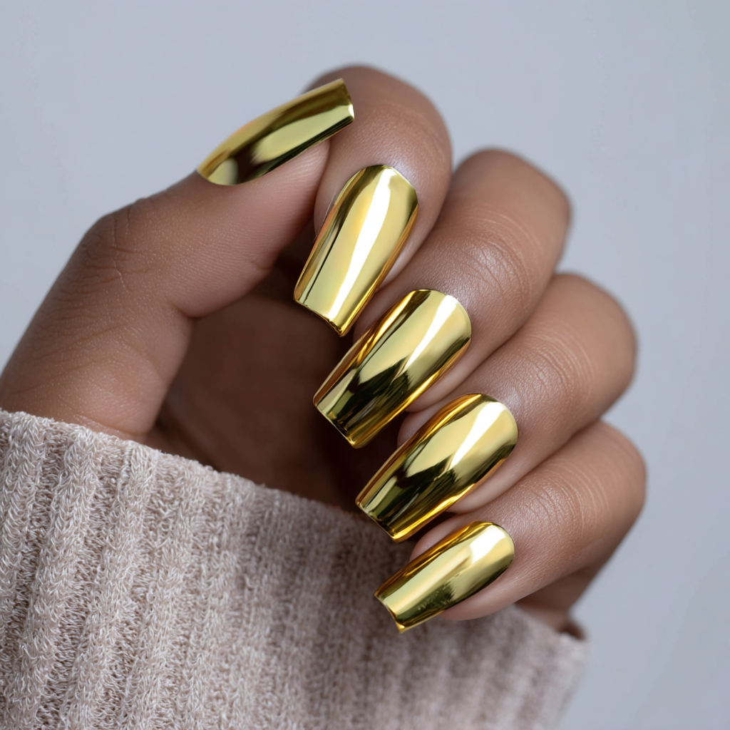 Hand with gold metallic painted nails.