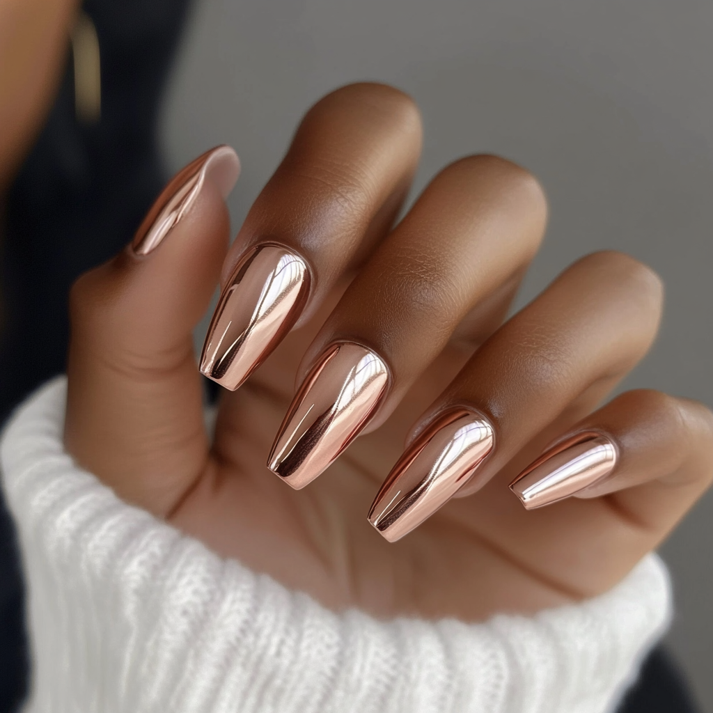 Close-up of a hand with nails painted in glossy metallic rose gold nail polish.