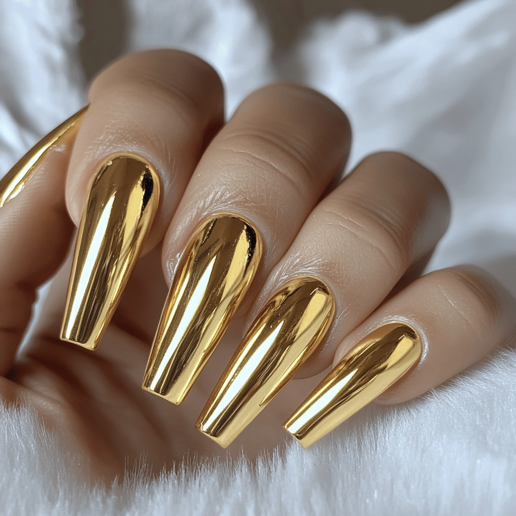 Close-up of a hand with long, polished gold metallic acrylic nails on a soft white surface.