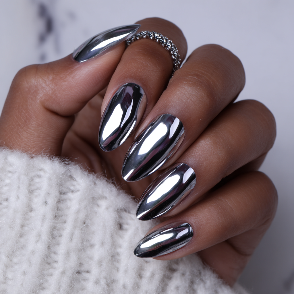 Close-up of a hand with metallic silver nail polish, jewelry ring, and a white knitted sleeve.