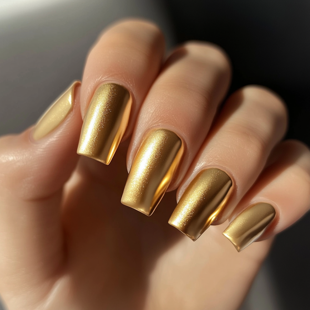 Close-up of a hand with gold metallic nail polish on fingernails.