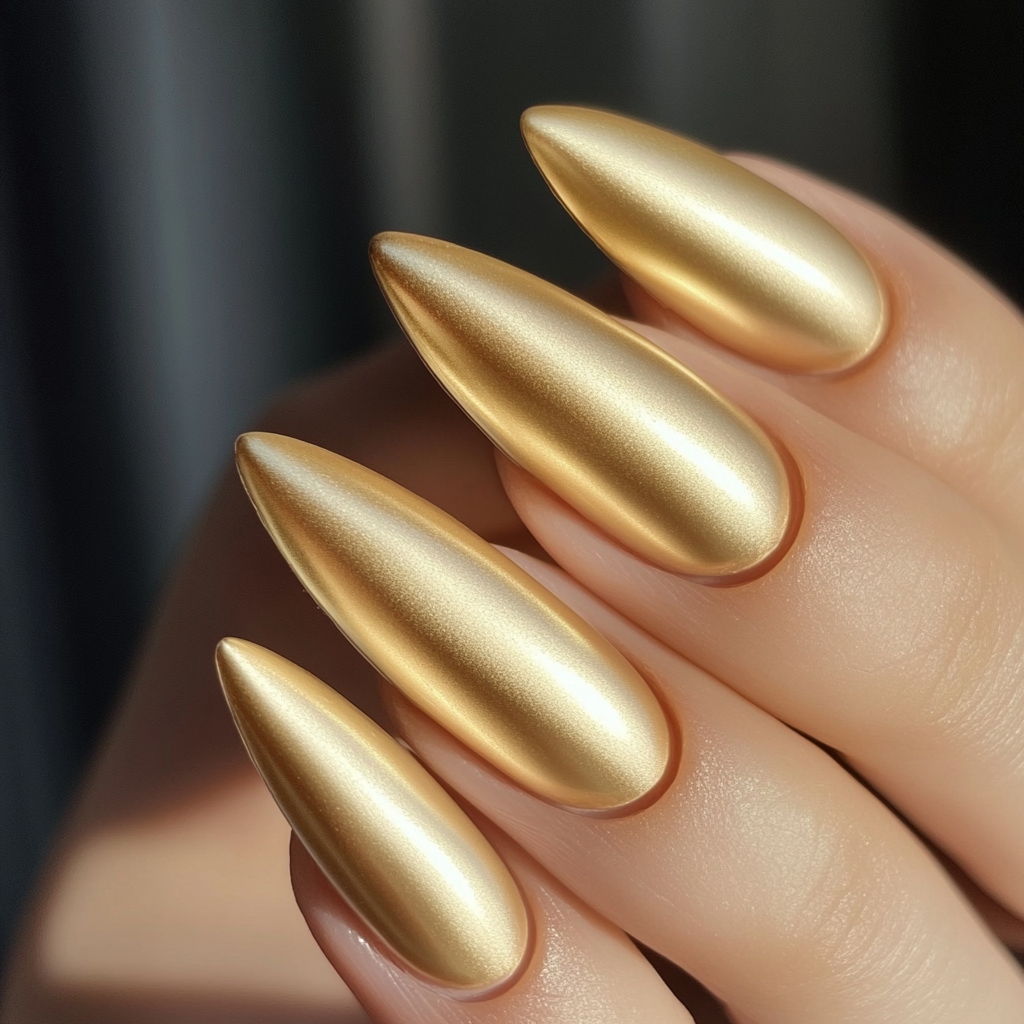 Close-up of a hand with five elongated, almond-shaped nails painted in a shiny metallic gold color.