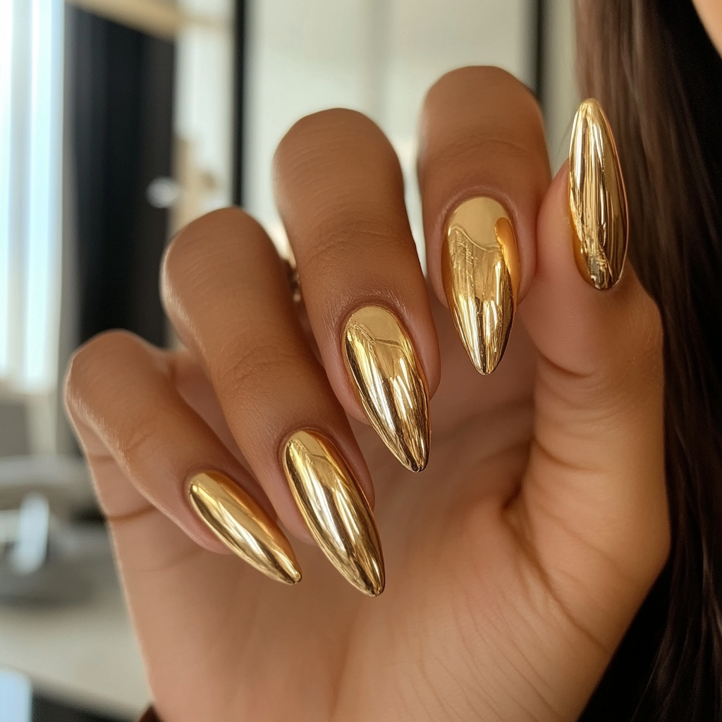 Hand with long, pointed, shiny gold nail polish on freshly manicured nails.
