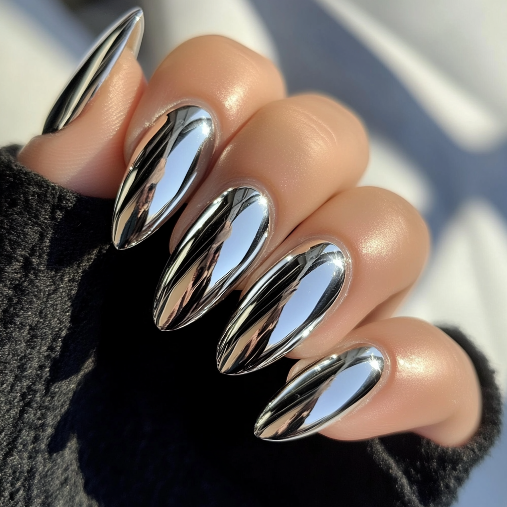 Close-up of a hand with metallic chrome nails, partially covered by a black glove or fabric.