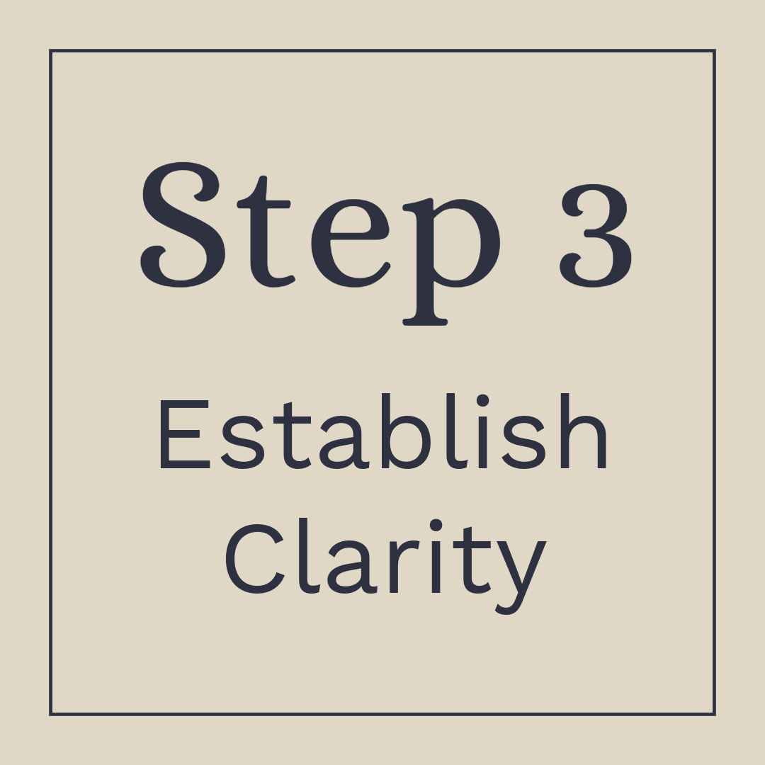Step 3, Establish Clarity written on a beige background with a black border.