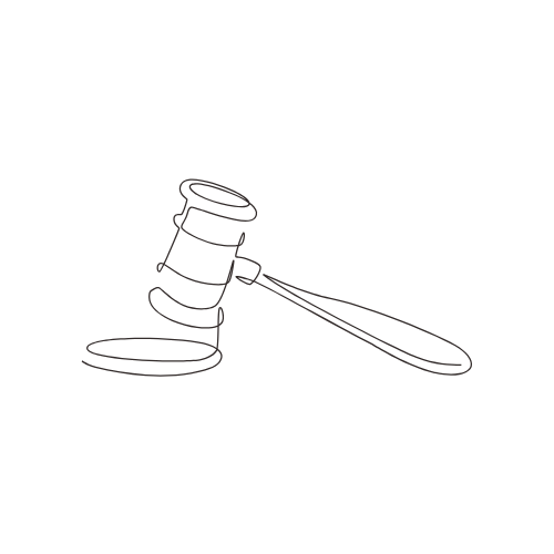 Outline sketch of a judge's gavel resting on a sound block.