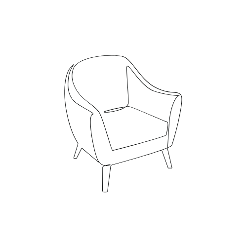Outline of a modern armchair with a rounded back and four angled legs, depicted in black and white.
