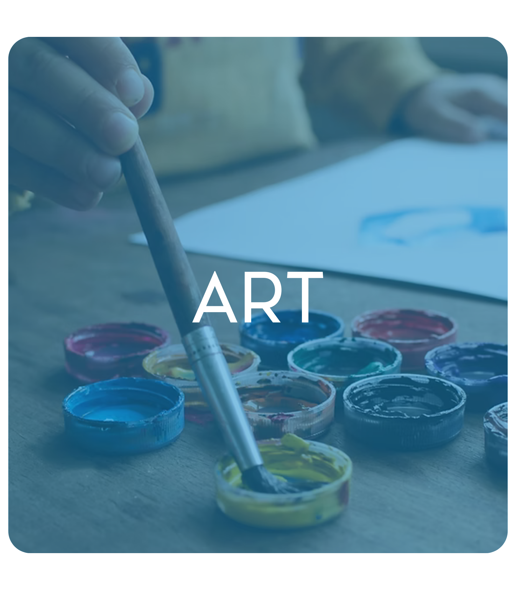 Person painting with brush and open paint pots, word 'ART' overlaid.