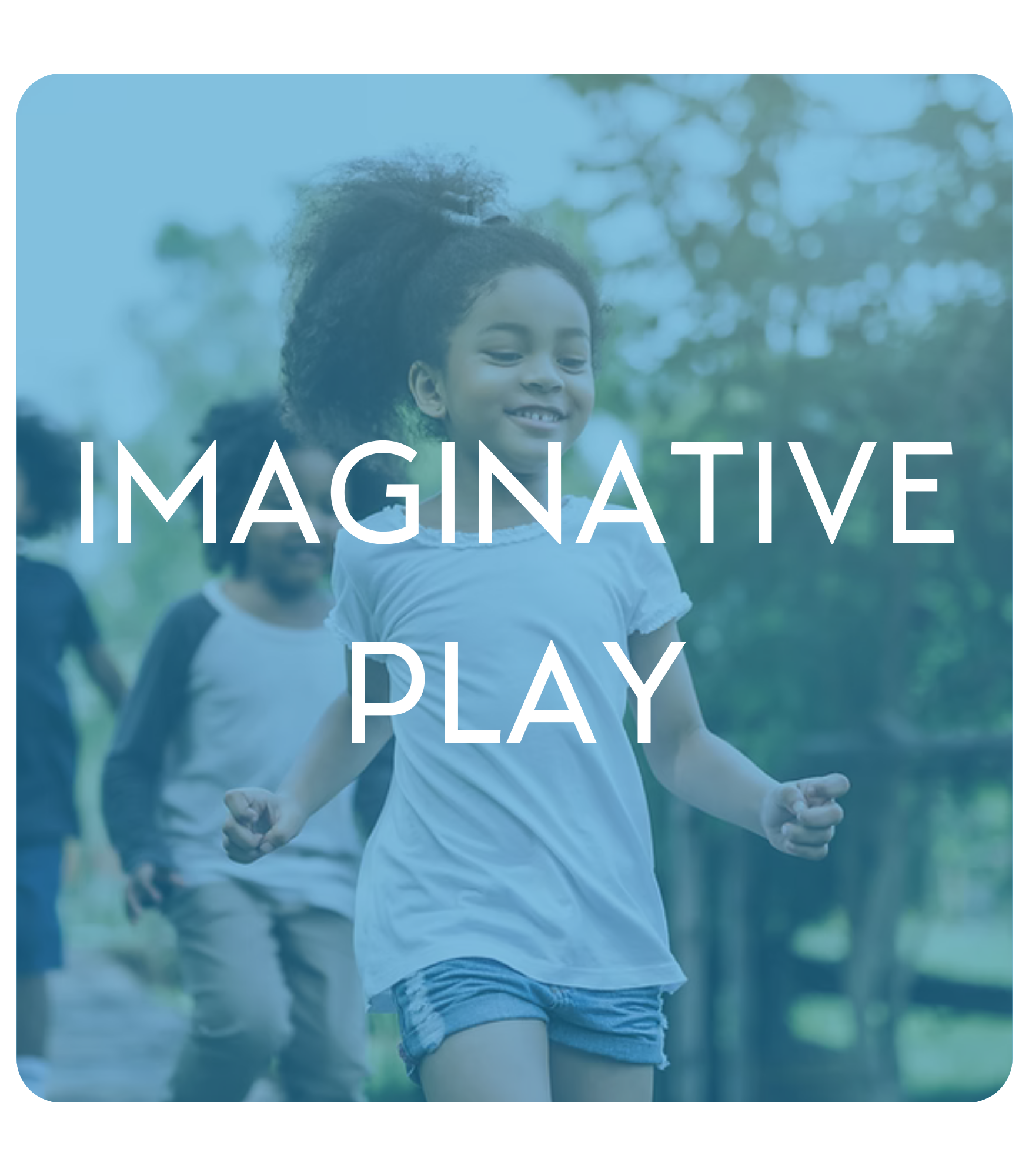Children running joyfully outdoors with text overlay "Imaginative Play."