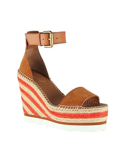 SEE BY CHLOÉ Glyn Leather Platform Espadrille Wedge Sandals  Make brown and red your summer palette.