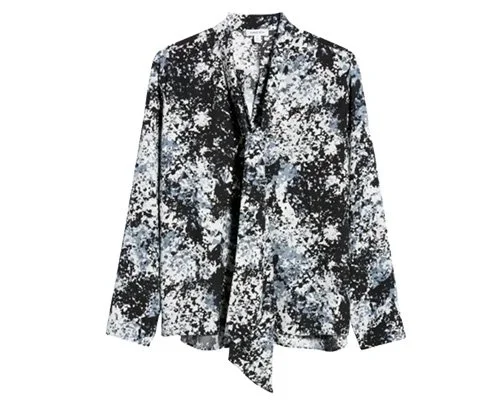 NORDSTROM Tie Neck Long Sleeve Print Blouse  Don’t be afraid to mix neutral prints with a patchwork or splattered blue jean.