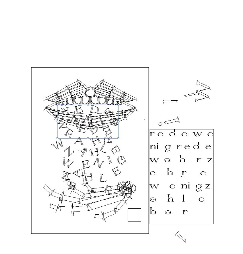 Skizze einer Achterbahn mit alphabetischen Buchstaben, einem Gebäude und Schrauben auf der rechten Seite.