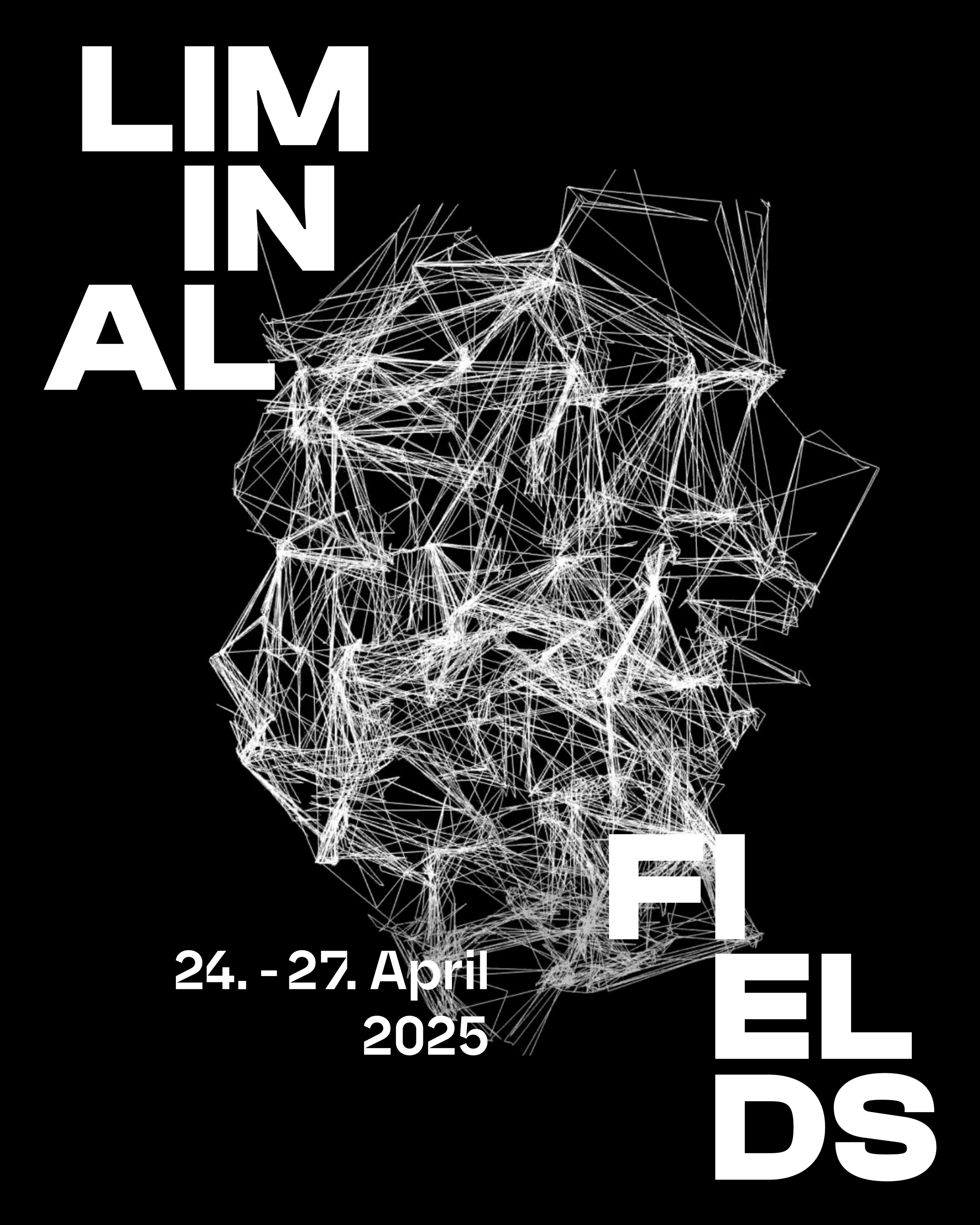 Veranstaltungsplakat für die Allianz der Künste mit einem schwarz-weißen, abstrakten, geometrischen Bild eines menschlichen Gesichts aus Linien, mit Informationen über das Event vom 24. bis 27. April 2025.