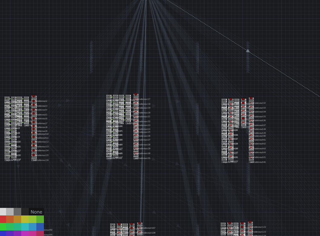 Datenvisualisierung mit komplexem Netzwerkdiagramm auf dunklem Hintergrund, zeigt mehrere Knoten und Verbindungen in einem digitalen Design.